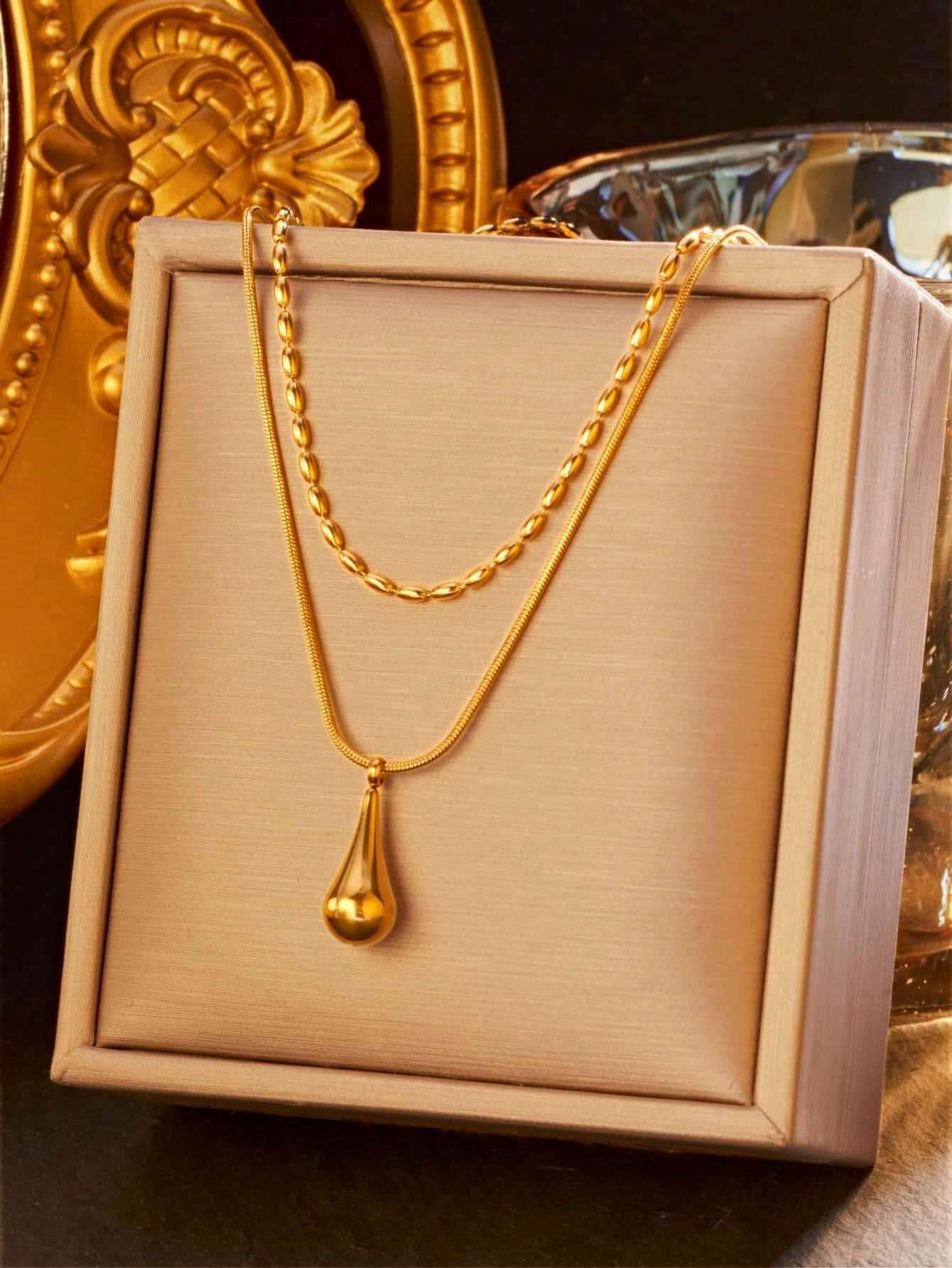 1pc Premium Stainless Steel 18K Gold Plated Layered Beaded Water Drop