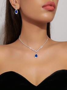 1set Fashionable Luxury Rhinestone Water Drop Necklace And Earrings Jewelry Set