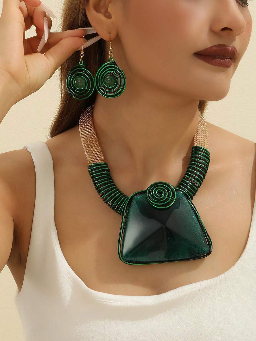 Bộ trang sức làm bằng tay nhiều lớp phóng đại bằng nhựa nhôm dệt dây thời trang cổ điển đẹp phong cách bộ lạc bohemian trung đông châu Âu châu Mỹ phiên bản hàn quốc tiệc tối kỳ nghỉ vòng cổ Ấn Độ bộ hoa tai nổ - Nhiều màu - Xem 1