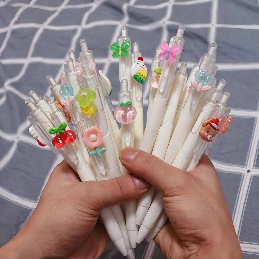 1/3/5件创意卡通INS风格按钮圆珠笔，快干笔尖，书写流畅，圣诞/花卉/水果元素，优质时尚文具，适合作为学生奖励，同事/同学礼物 - 彩色 - 查看 1