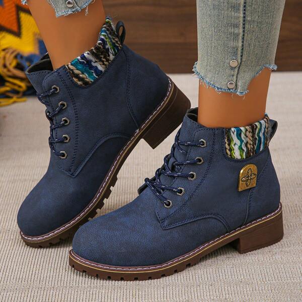 1 Pair New Fashion Soft Sole Round Toe Low Heel Lace-Up Short Ankle Boots For Women