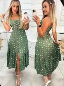 Long Crepe Dress With Padded Cups And Buttons H-1 - Olive Green - View 2