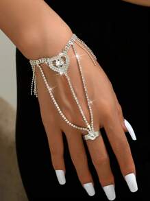 Silver Plated Glitter Full Rhinestones Heart Tassel Inlaid Zirconia Ring Bracelet Integrated Chain - Finger Bracelet - View 7