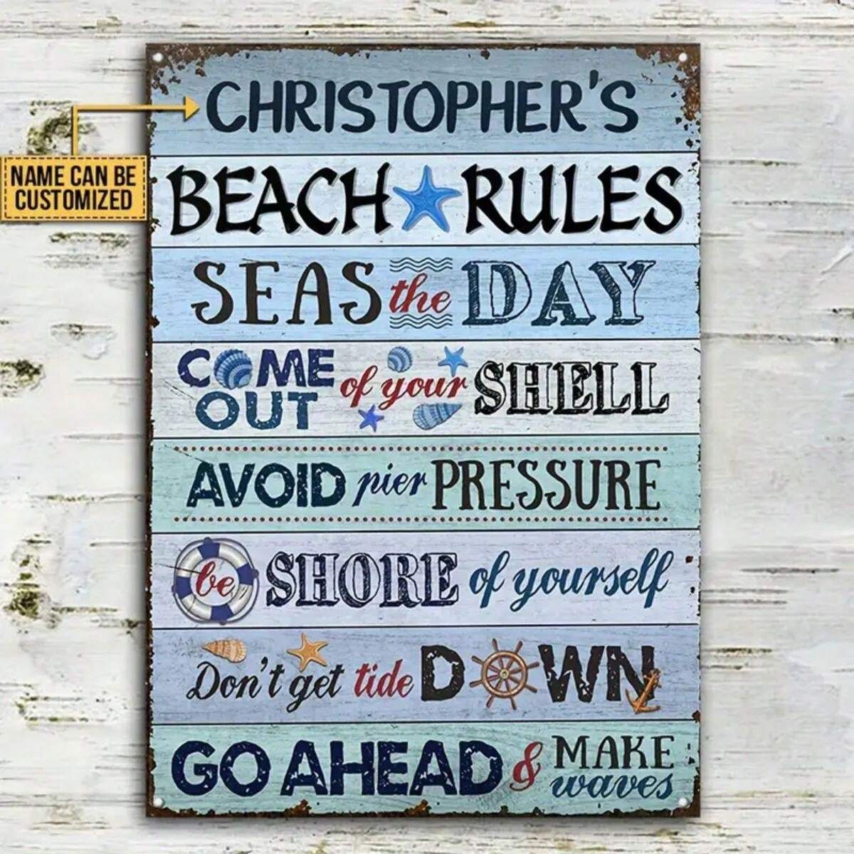 1pc Customizable Christopher's Personalized Beach Rules Metal Yard Sign
