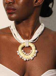 1 conjunto Colar Luxuoso e Fashionista com Pingente Emplumado em Tom Dourado Fosco Envolvido em Pérolas, Adequado para Festas Noturnas Femininas e Uso Diário