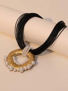 1 conjunto Colar Luxuoso e Fashionista com Pingente Emplumado em Tom Dourado Fosco Envolvido em Pérolas, Adequado para Festas Noturnas Femininas e Uso Diário