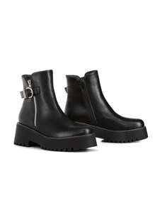 Weide Botines Negros para Mujer -Botas de Mujer Negras de Dedo Redondo con Tacón Alto Grueso - Elegantes Botas Chelsea con Hebilla Metálica y Forro de Esponja para Ocio y Actividades al Aire Libre