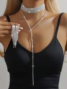 Juego de 3 piezas de estilo elegante de lujo, collar con forma de Y de varias capas y pendientes a juego en negro y blanco con flecos largos, decorados con brillantes rhinestones, apropiado para novias, accesorio exquisito para fiestas y bodas, regalo ideal