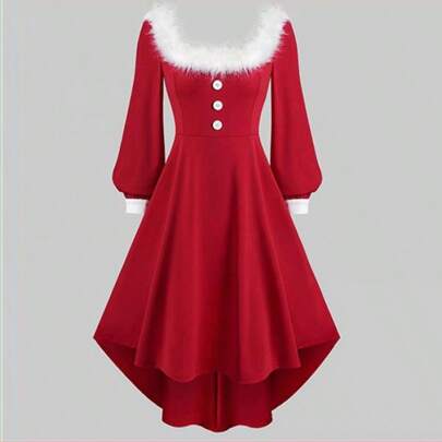 1pc Vintage Elegant Women Christmas Party Cocktail Dress, Long Sleeve Red Button Fluffy Princess Gown, Lady Christmas Cosplay Costume, Red Autumn/Winter Hollow Out Outfit Thanksgiving Dress, Long Princess Dress Halloween