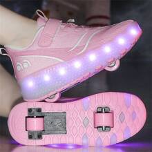儿童直排轮滑鞋 - 2 轮可折叠，带 LED 灯，可充电，多色 - 粉色 - 查看 2