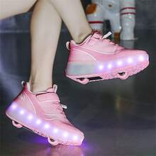 儿童直排轮滑鞋 - 2 轮可折叠，带 LED 灯，可充电，多色 - 粉色 - 查看 3