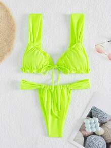 New Fashion Sexy Solid Color Bikini Swimwear - Women's Two-Piece Strap Tie Swimwear With Ruffle Trim, For Summer Beach Vacation