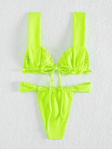 新款时尚性感纯色比基尼泳装 - 女士两件式系带泳衣，荷叶边装饰，适合夏季海滩度假 - 綠色 - 查看 3