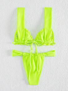 New Fashion Sexy Solid Color Bikini Swimwear - Women's Two-Piece Strap Tie Swimwear With Ruffle Trim, For Summer Beach Vacation