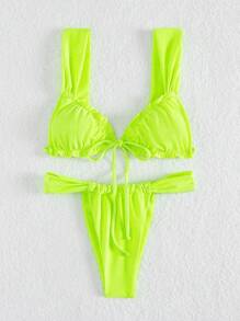 New Fashion Sexy Solid Color Bikini Swimwear - Women's Two-Piece Strap Tie Swimwear With Ruffle Trim, For Summer Beach Vacation