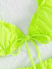新款时尚性感纯色比基尼泳装 - 女士两件式系带泳衣，荷叶边装饰，适合夏季海滩度假 - 綠色 - 查看 5
