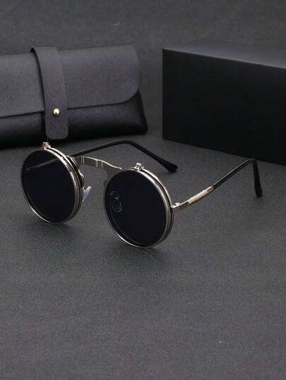 1 Pair Vintage Steampunk Metal Frame Flip-Up Fashion Glasses For Men, Suitable For Daily Outfit, Party Decoration, Stage Performance, Outdoor Travel, Driving, Comes With Elegant Leather Case For Summer Beach Vacation,Outdoor,Travel