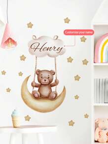 1 Pieza de 30 x 120 cm Pegatinas de pared personalizadas con texto, pegatinas de pared de dibujos animados con luna, nubes, osos, estrellas, globos para decoración de dormitorio, sala de estar, Pintura decorativa para el hogar, Pintura autoadhesiva removible para decoración de aula escolar, PVC