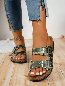 Dép đi biển đế dày thời trang Unisex Retro Buckle Strap, Dép đi trong nhà/ngoài trời thời trang cho các cặp đôi - xanh quân đội - Xem 2