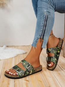 Dép đi biển đế dày thời trang Unisex Retro Buckle Strap, Dép đi trong nhà/ngoài trời thời trang cho các cặp đôi - xanh quân đội - Xem 1