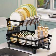 HUAPUDA Dish Drying Rack, 2 Tier Dish Racks For Kitchen Counter,Large Capacity Detachable Dish Rack, Rustproof Dish Drainer With Drainboard,Utensil Holder,Cup Holder For Dish Strainers,2-Tier Rust-Proof Metal Dish Rack Drying Rack - Space Saving Countertop Organizer For Countertop Metal Bowl And Dish Drainer For Drying And Storing Dishes With Knife Cup Cutlery Holder, Cutlery And Kitchen Utensils - Easy To Clean And Maintain - màu đen - Xem 1