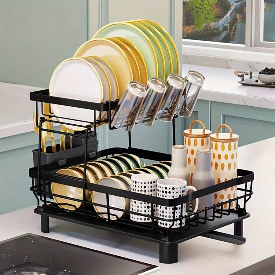 HUAPUDA Dish Drying Rack, 2 Tier Dish Racks For Kitchen Counter,Large Capacity Detachable Dish Rack, Rustproof Dish Drainer With Drainboard,Utensil Holder,Cup Holder For Dish Strainers,2-Tier Rust-Proof Metal Dish Rack Drying Rack - Space Saving Countertop Organizer For Countertop Metal Bowl And Dish Drainer For Drying And Storing Dishes With Knife Cup Cutlery Holder, Cutlery And Kitchen Utensils - Easy To Clean And Maintain - màu đen - Xem 1