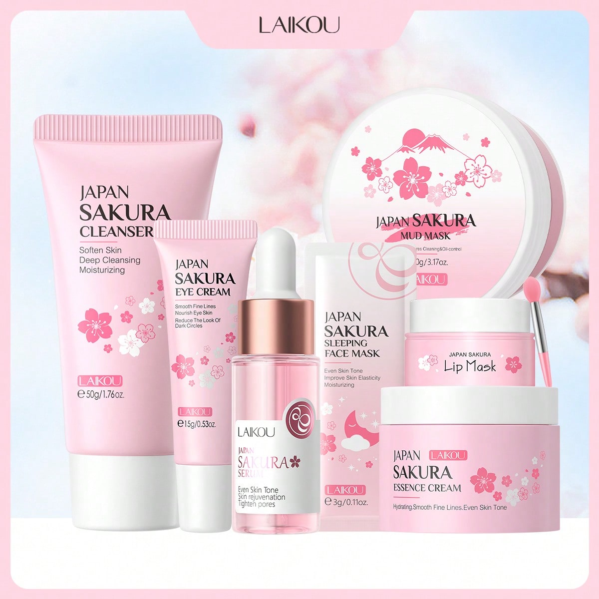 1 Set Moisture Repair LAIKOU Japan Sakura Skincare,(Sakura Sleeping Face Mask 3g & Japan Sakura Cleanser 50g & Japan Sakura Serum 17ml & Japan Sakura Lip Mask 8g & Japan Sakura Essence Cream 25g & Japan Sakura Eye Cream 15g