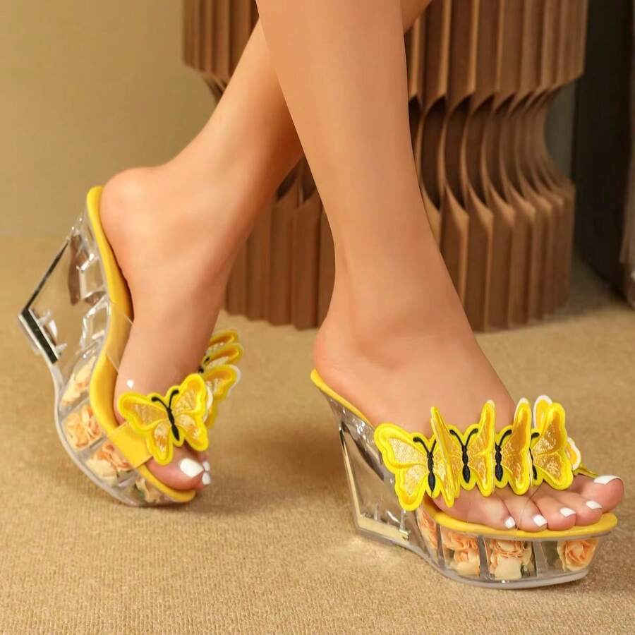 Mclubgirl 2026 Women's Butterfly Decor Platform Sandals, Slip On Comfy Chunky Heel Casual Slides, Summer Party Dance Shoes 11cm Yellow Color - Màu vàng - Xem 1