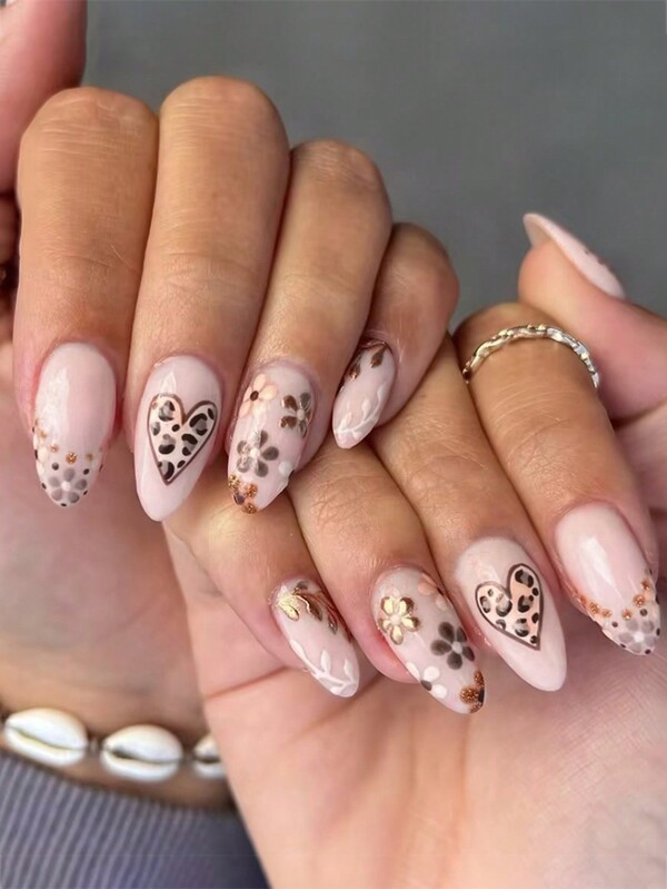 Conjunto de 24 unhas postiças femininas curtas, ovais, com estampa de leopardo e coração, para o Dia dos Namorados, com detalhes florais e delicados, adequadas para o Dia dos Namorados e para o dia a dia, unhas postiças reutilizáveis e de pressão, suprimentos para unhas