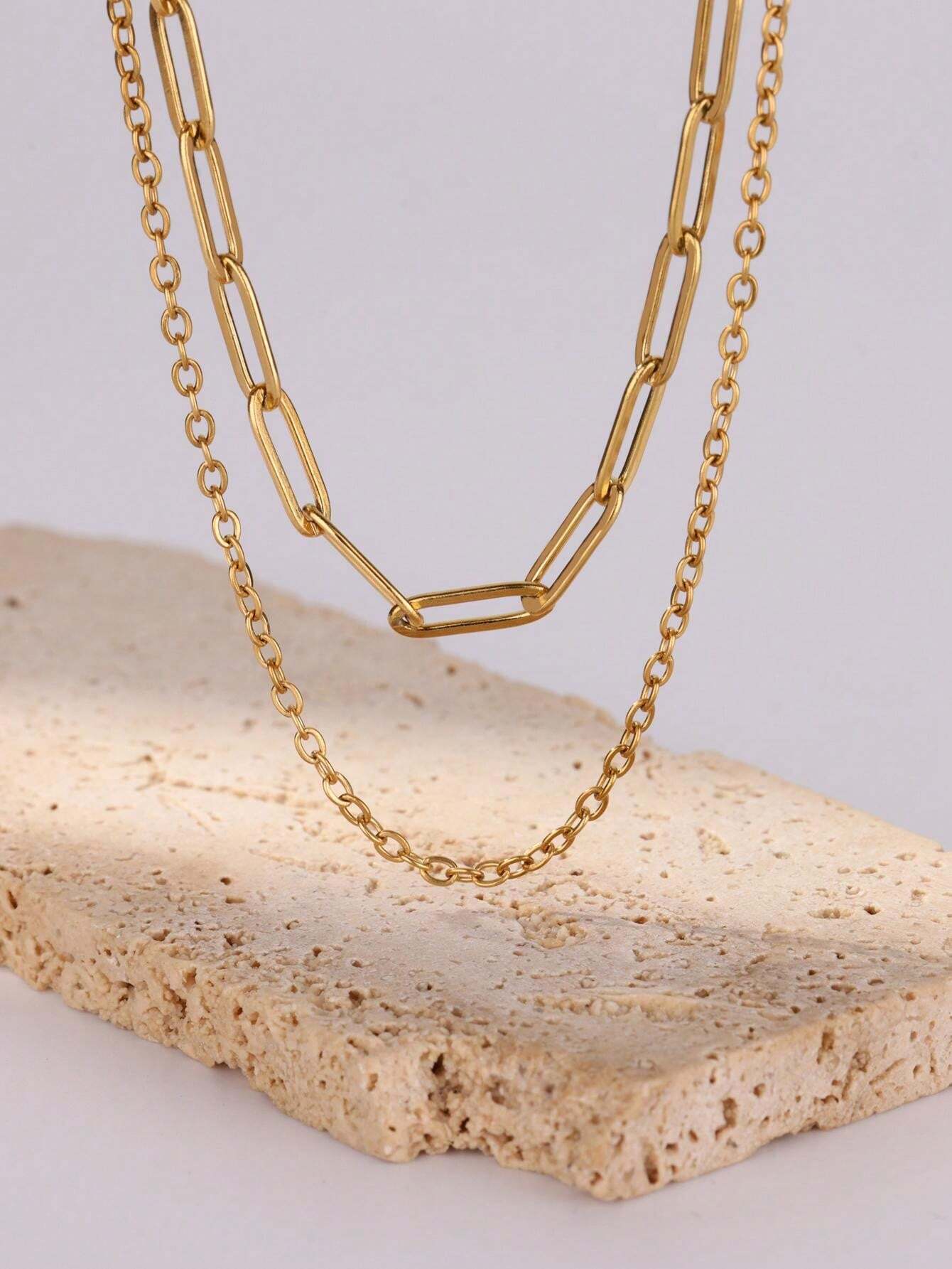 Double Layer Necklace Hollow Paperclip Chain Necklace Stainless Steel