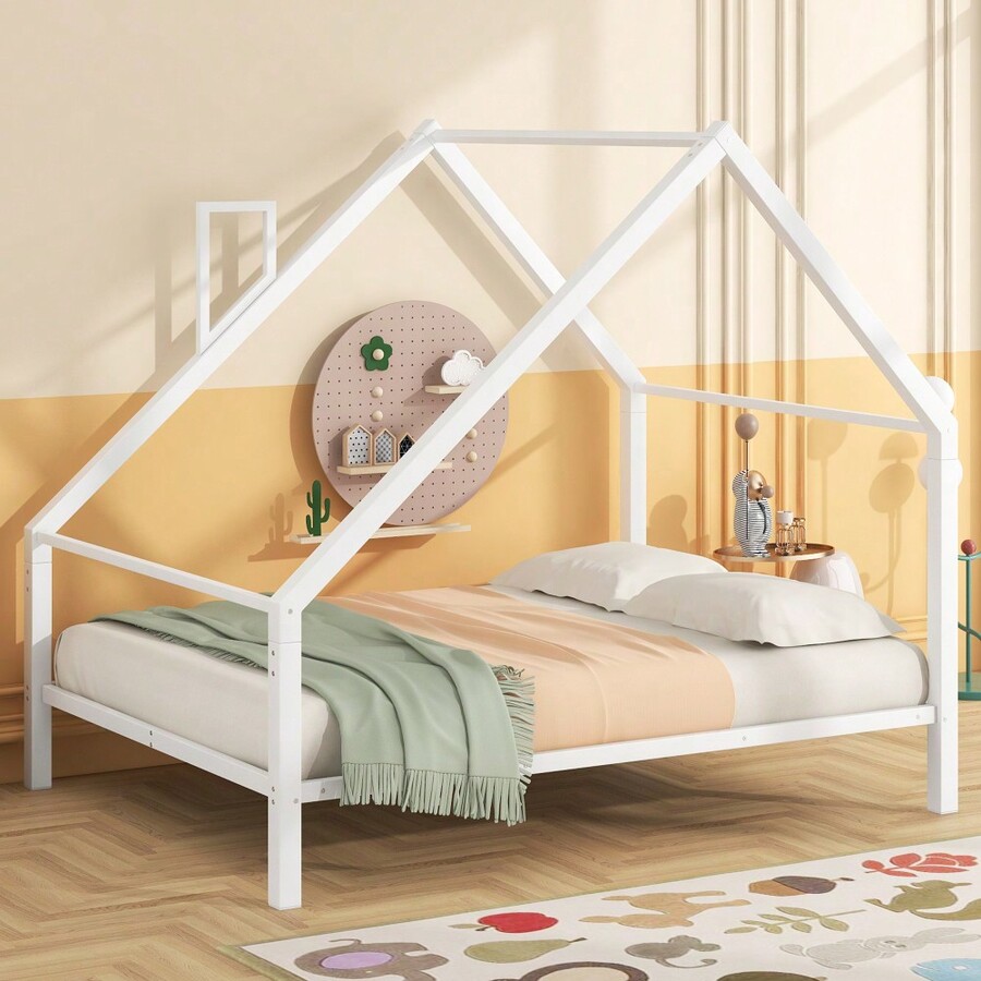 Full Size Metal House Platform Bed With Roof And Chimney, White SHEIN USA