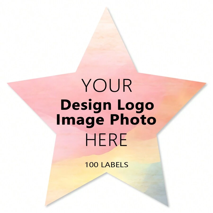 100 piezas de Etiquetas personalizadas, pegatinas comerciales personalizadas con cualquier diseño, logotipo, imagen, texto, nombre, dirección y código QR - Estrella - Ver 1