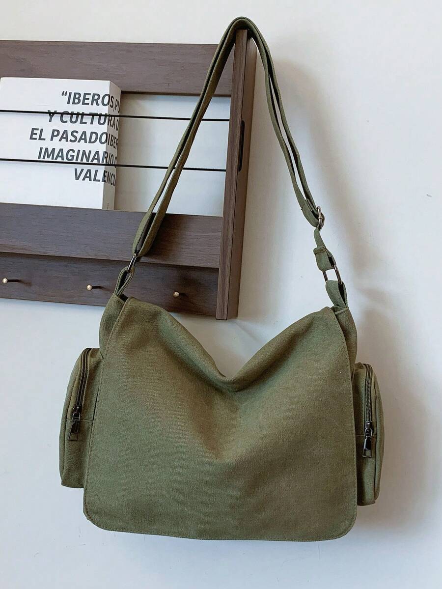 1pc Stylish Solid Color Canvas Crossbody Bag, Large Capacity, Flap