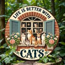 1 件复古“有猫生活更美好”圆形标志墙饰，经典猫主题装饰，适合家庭、房间、农舍、门廊和卧室，理想的节日礼物 - 8x8 英寸，随机孔位 - 彩色 - 查看 5