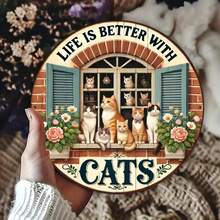 1 件复古“有猫生活更美好”圆形标志墙饰，经典猫主题装饰，适合家庭、房间、农舍、门廊和卧室，理想的节日礼物 - 8x8 英寸，随机孔位 - 彩色 - 查看 8