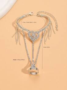 Silver Plated Glitter Full Rhinestones Heart Tassel Inlaid Zirconia Ring Bracelet Integrated Chain - Finger Bracelet - View 4