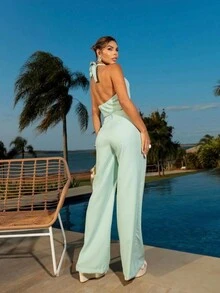 Women's Tailored Set Wide Trousers And Elegant Top With Buttons - màu xanh lá - Xem 3