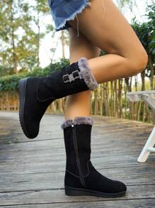 女士中筒雪地靴，加厚保暖内衬，坡跟，保暖柔软材质，侧拉链，圆头，多功能户外靴（鞋口和鞋长偏小一码） - 黑色 - 查看 6