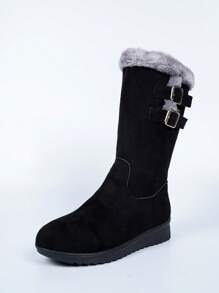 女士中筒雪地靴，加厚保暖内衬，坡跟，保暖柔软材质，侧拉链，圆头，多功能户外靴（鞋口和鞋长偏小一码） - 黑色 - 查看 8