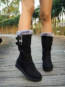 女士中筒雪地靴，加厚保暖内衬，坡跟，保暖柔软材质，侧拉链，圆头，多功能户外靴（鞋口和鞋长偏小一码） - 黑色 - 查看 5