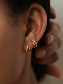 1 cặp bông tai vòng tròn nhỏ hình học Cubic Zirconia tối giản bằng đồng, thiết kế mặt cười sang trọng, thích hợp để đeo hàng ngày và làm quà tặng cho phụ nữ - Vàng - Xem 1