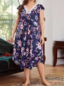 Camisola Curta com Decote em V de Renda e Floral Miúdo Plus Size para Mulheres, Desgaste Casual em Casa ou ao Ar Livre, Verão
