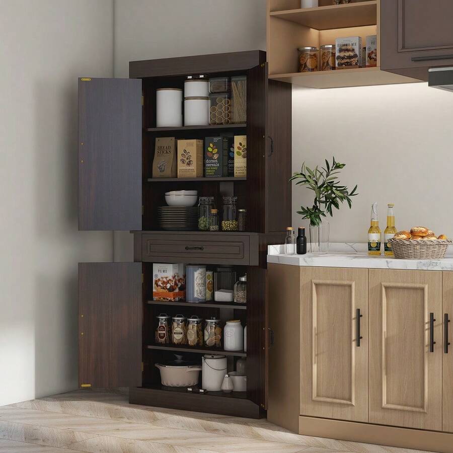 71" Freestanding Kitchen Pantry With 4 Doors, And 2 Large