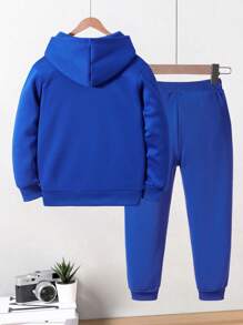 2pcs/Set Young Boys' Soccer & Letter Print Hoodie And Sports Pants - Blue - View 2