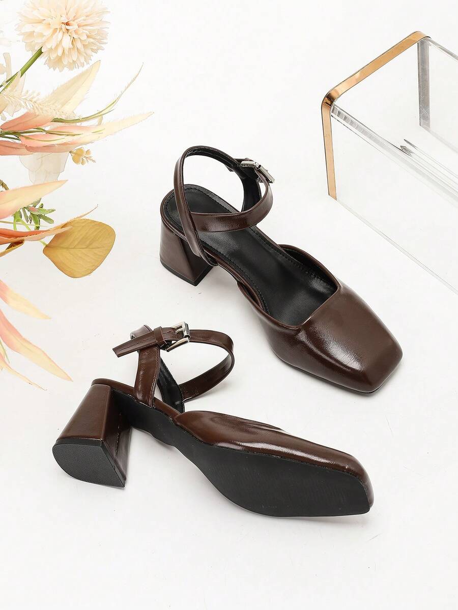 Women Square Toe Brown Chunky Heel Pumps, Simple Classic Ladies Shoes