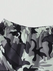 2 件套少女字母印花镂空肩部短款针织上衣和迷彩印花松紧腰宽松裤套装，春秋季休闲装 - 黑色 - 查看 10