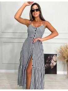 Long Crepe Dress With Padded Cups And Buttons H-1 - Black and Gold - View 2