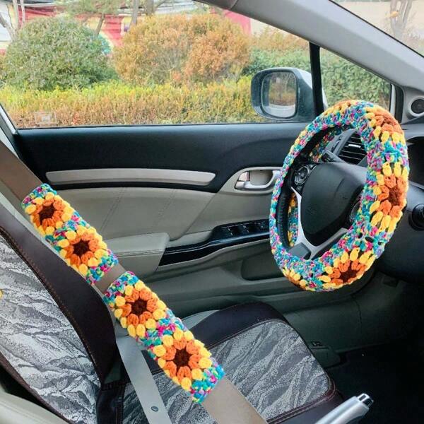 onEternal Handmade Crochet Sunflower Steering Wheel Cover And Seat Belt Cover Car Decor Set