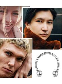 12-16 件鼻中隔环 16G 鼻中隔首饰 医用钢马蹄形环 耳轮 耳甲耳屏 唇鼻穿孔固定器 男女通用 - Silvery - 查看 4