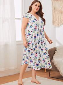 Camisola Floral de Renda com Decote em V Plus Size Feminina para o Verão, Roupa de Dormir para Uso em Casa ou Externo